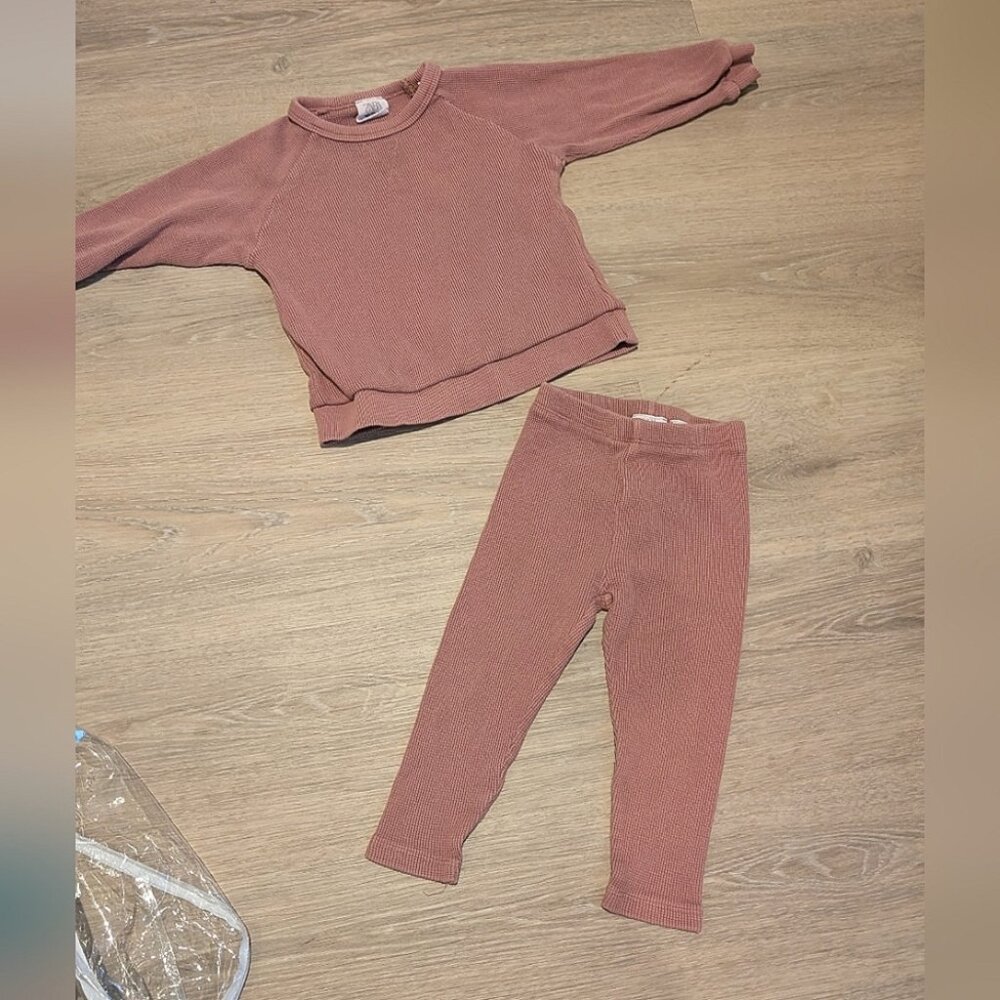 Zara Kids Thermal Waffle  Set in Soft Mauve